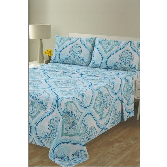 4 Piece Printed Bed Sheets Set Soft Blue Geometric Pattern Hotel Quality Luxury - Picture 1 of 3